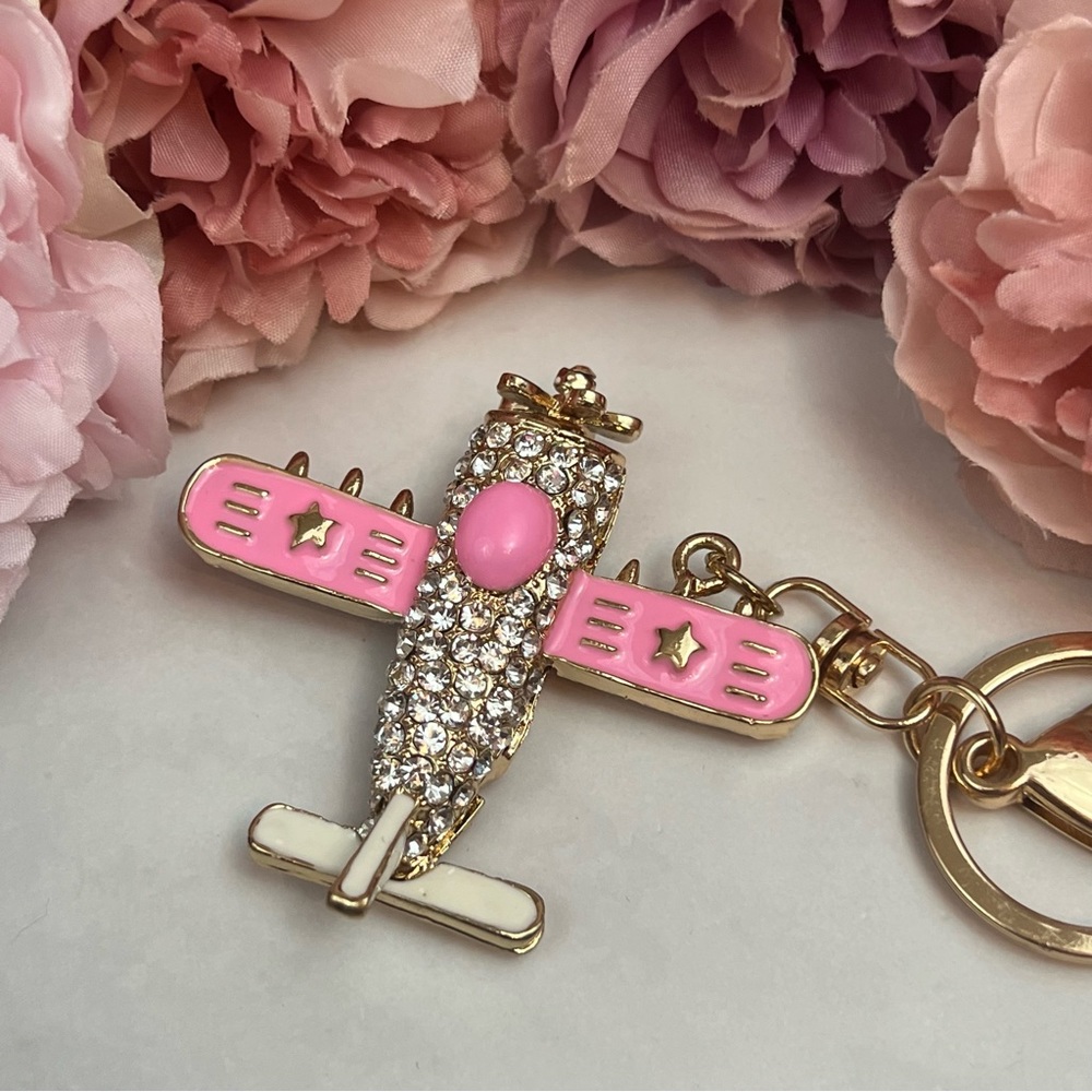 Whimsical Pink & Gold Crystal Airplane Keychain Charm - Picture 8 of 16